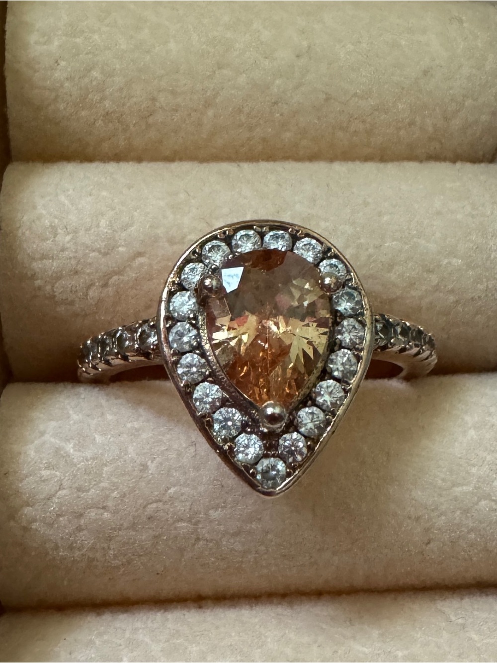Citrine  Champagne Halo Pear  Ring - Rose Gold Tone size 6.75